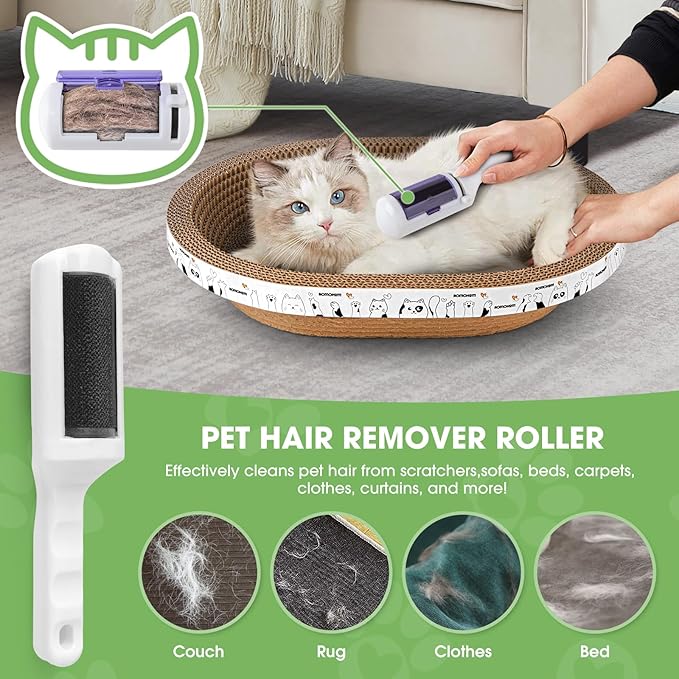 4PCS 2 Corrugated Cat Scratcher Lounge Bowl,1 Scratching Pad Cardboard with House,1 Brush, Oval Cat Bed for 2 Cats, Scratch Board for Cats, Cute Round Cat Lounger Scratcher for Furniture Protection