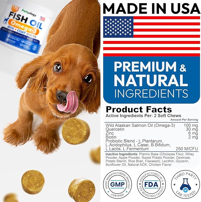 Omega 3 Fish Oil for Dogs - 170 Chews - Omega 3 for Dogs Itchy Skin & Allergy Relief - Skin & Coat Supplement - EPA & DHA Fatty Acids - Dog Anti Shedding & Hot Spot Treatment - Salmon Oil