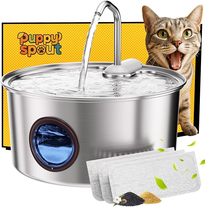Cat Water Fountain Stainless Steel - 108oz/3.2L Automatic Cat Water Fountain for Drinking with 3PCS Filters, Metal Pet Water Fountain Water Dispenser for Cats, Dogs, Multiple Pets