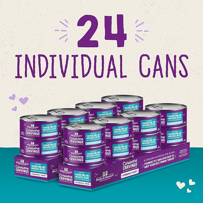 Stella & Chewy's Carnivore Cravings Purrfect Paté - Premium Grain-Free Wet Cat Food - Salmon, Tuna & Mackerel Recipe - High Protein with Bone Broth - Perfect for Picky Eaters - 5.2oz Cans (24 Pack)