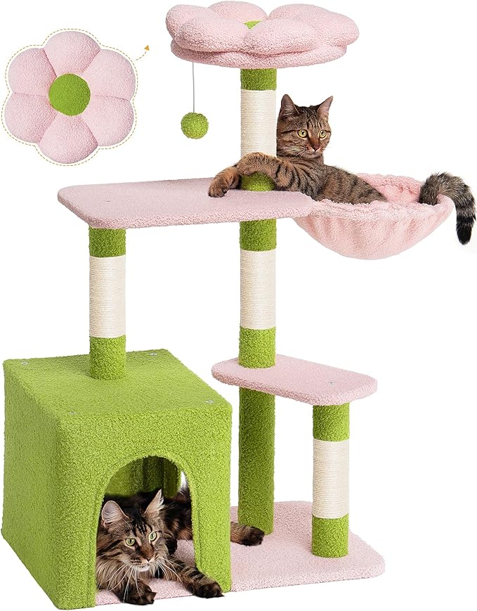 Flower Cat Tree Tower for Large Cats, 41.2'' Cute Cat House with 4 Scratching Posts, 2-Door Condo Cave for Adult Cats, Cozy Perch and Hammock for Small Cats or Pets, Green Pink