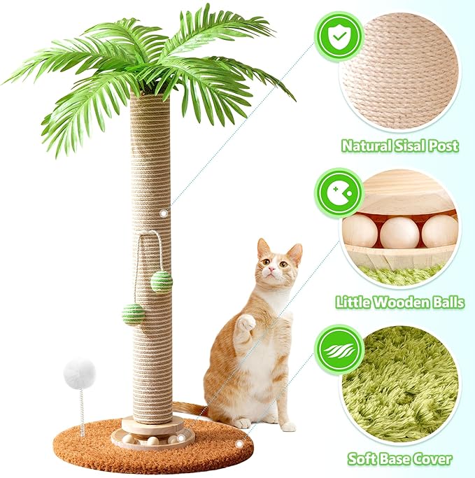 Cat Scratching Post for Space-Saving, 32'' Tall Cat Tree Post with Wooden Turntable Toy, Sisal Rope Cat Scratcher Post with 2 Interactive Ball for Indoor Cats and Kitten Climbing,Play & Rest