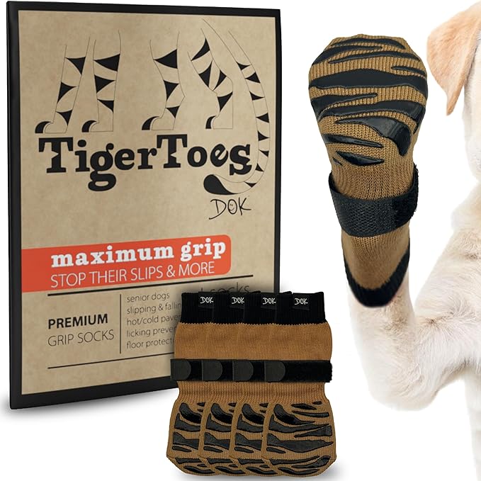 DOK TigerToes Premium Non-Slip Dog Socks for Hardwood Floors - Extra-Thick Grip That Works Even When Twisted - Prevents Licking, Slipping, and Great for Dog Paw Protection (Cool Caramel, Medium)