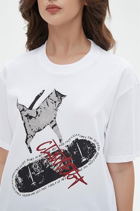 Y2k Graphic Unisex Tees Rock Guitar Cat T-Shirt Short Sleeve Oversized Tee Vintage Retro Grunge Streetwear Shirts