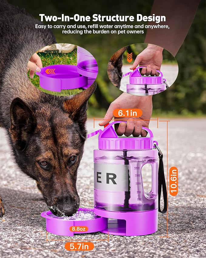 Portable Dog Water Bottle Bowl - 77 oz Travel Water Bowl Dispenser for Dogs Leak Proof, Suitable for Large Pet Drinking, A Must Have for Outdoor, Camping, Walking, Beach, Hunting Other Scenes (Purple)