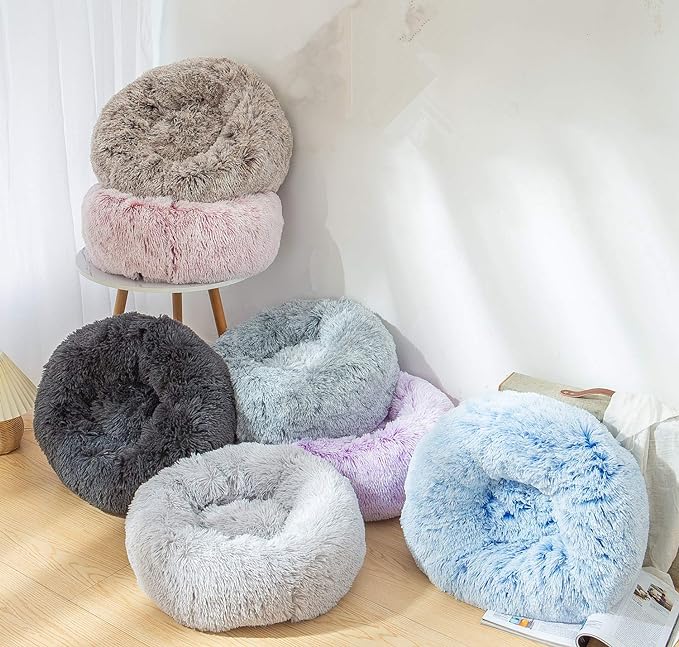 Calming Donut Dog Bed XL, Plush Round Cuddler Dog & Cat Bed, Anit-Anxiety Marshmellow Fluffy Faux Fur Cushion(32", Grey)