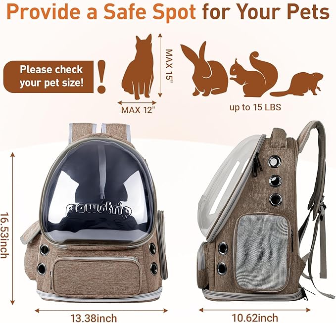 Cat Backpack Carrier with Bubble Window, Breathable & Foldable Pet Travel Carrier for Small Dogs and Cats, Airline-Approved for Hiking & Outdoor Use, Brown