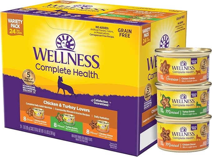 Wellness Complete Health Gravy & Minced Adult Wet Cat Food, Natural, Protein-Rich, Grain-Free, 3 Ounce, 24 Pack, (Chicken & Turkey Lovers Variety Pack)