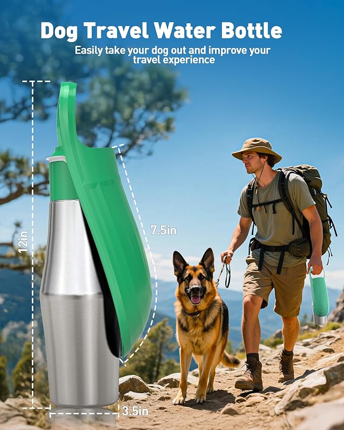 Portable Dog Water Bottle Bowl - 27 oz Travel Water Bowl Dispenser for Dogs, Stainless Steel Leak-Proof, A Must-Have for Outdoor, Camping, Walking, Beach, Hunting and Other Scenes (Green)