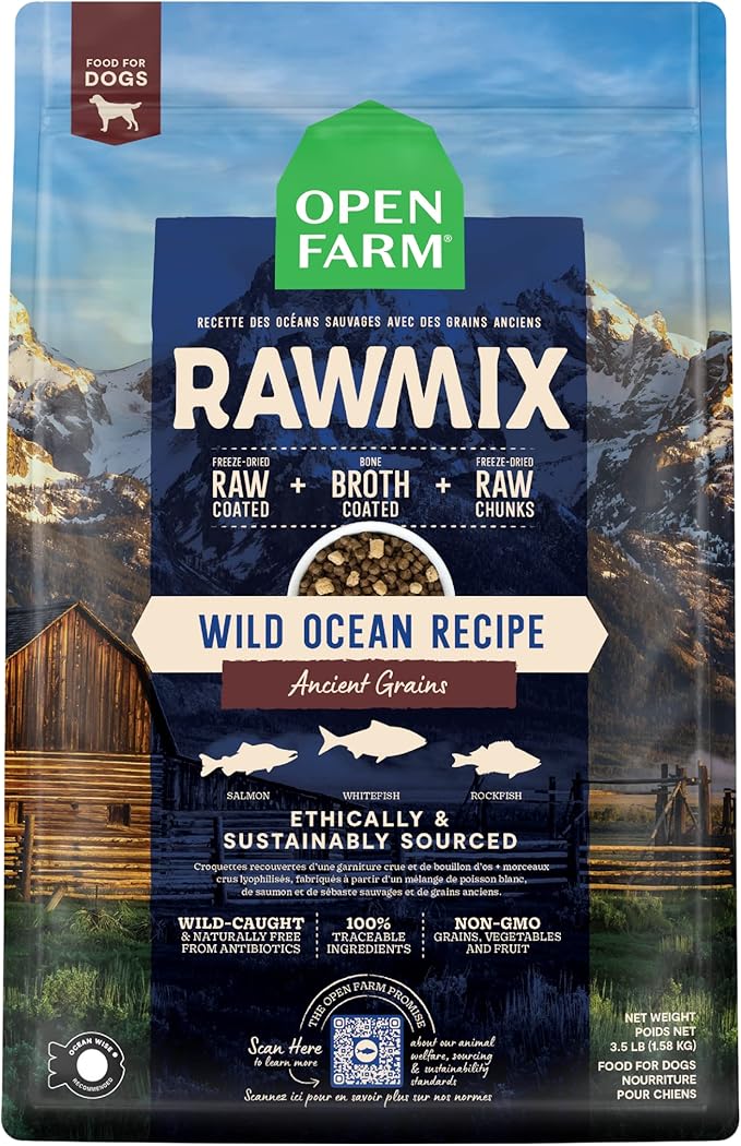 Open Farm, RawMix Dry Dog Food with Ancient Grains, Protein-Packed Kibble Coated in Bone Broth with Freeze Dried Raw Chunks, Salmon Whitefish & Rockfish,Wild Ocean Recipe, 3.5lb Bag