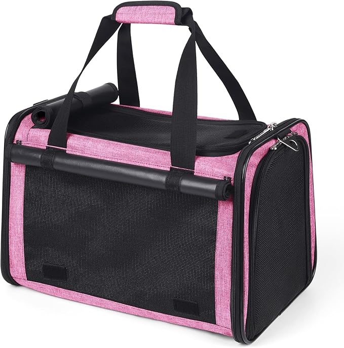 YUDODO 25 lbs Lightproof Soft Sided Pink Pet Carrier for Large Cat & Small Dog Airline Approved Travel Bag Puppy Carriers with Side Pockets & Reflective Mesh, Foldable Portable for Outdoor Car
