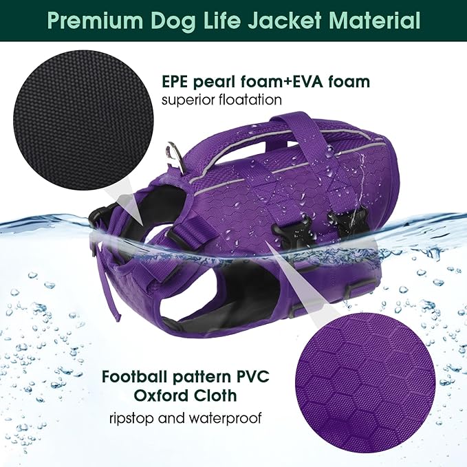 Kuoser Dog Life Jacket High Flotation, Reflective Dogs Life Vest for Swimming Boating, Adjustable Small Medium Large Dog lifejacket, Lightweight Dogs Life Preserver Rescue Handle Spring Summer Pool