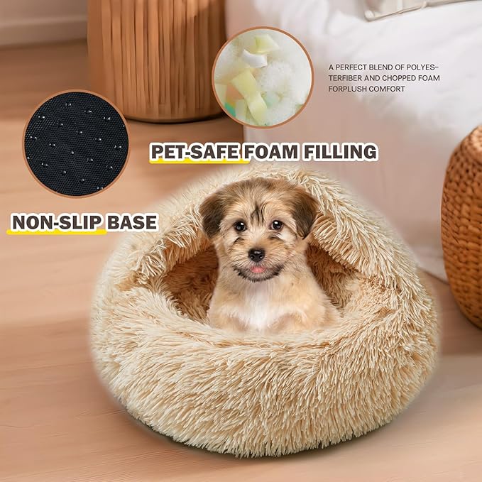Cat Bed Calming Cat Beds,Indoor Washable Cat Bed,Anti-Slip Faux Fur Fluffy Cuddler Anxiety Cat Bed,Warming Cuddler Cushion Bed for Small Medium Dogs and Cats (Apricot Color, 24 * 24inch)
