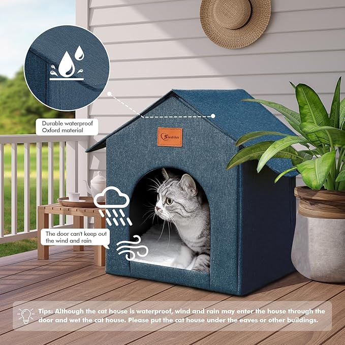 Outdoor Cat House Feral Cat Shelter,Outside Waterproof Cat House for Outdoor/Indoor Cats, Insulated Cat Bed for All Seasons with Cozy Cushion Easy to Assemble, Navy Blue