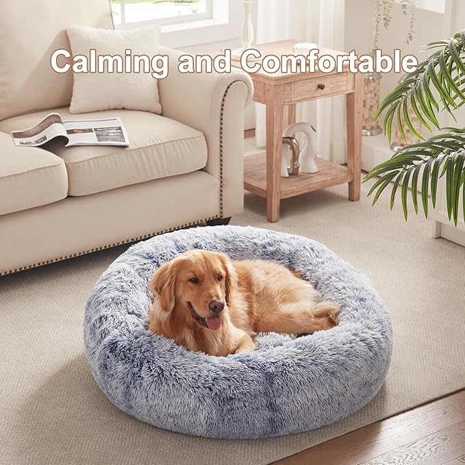 36 inches Donut Dog Bed for Large Dogs - Calming Fluffy Round Pet Bed with Removable & Washable Cover,Fits up to 100 lbs Pets (Dark Blue,Large)