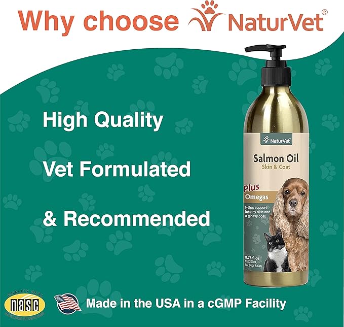NaturVet – Salmon Oil Skin & Coat Plus Omegas – Supports Healthy Skin & Glossy Coat – Source of Omega-3 & 6 Fatty Acids – for Dogs & Cats (8.75 oz Oil)