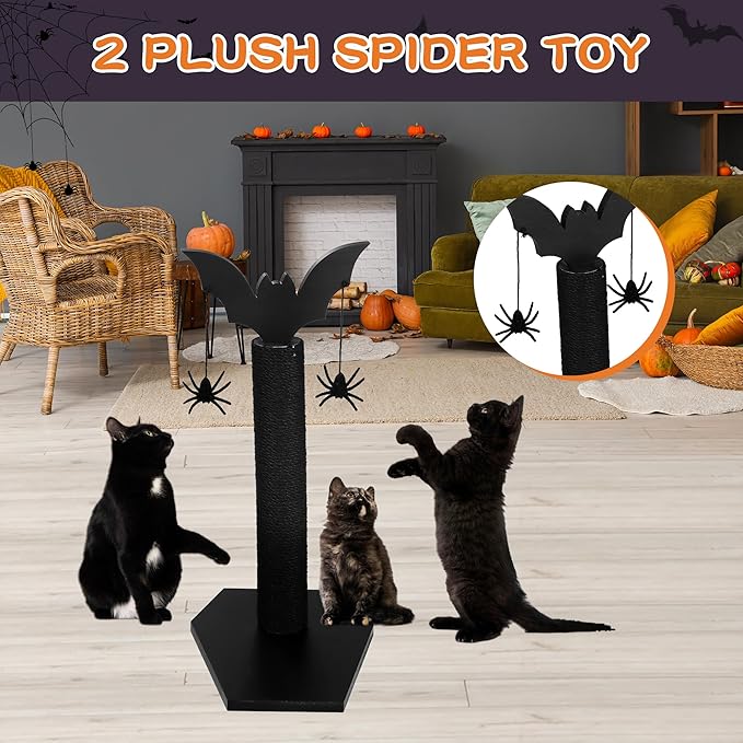 ROYALAY Gothic Cat Scratching Post with 2 Spiders Dangling Toys, Halloween Kitten Furniture for Cats Stuff, Black Halloween Cat Scratcher, Demon Styled Cat Tree for Halloween Decor