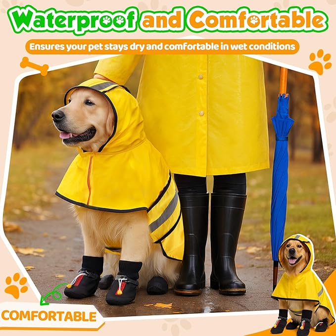 Dog Raincoat Jacket and Dog Shoes, Reflective Adjustable Hooded Pet Poncho Rain Coat with Leash Hole for Large Medium Dogs, Water-Resistant Skid-Resistant Sole, for Dogs Weighing80-50lbs, Yellow(L)
