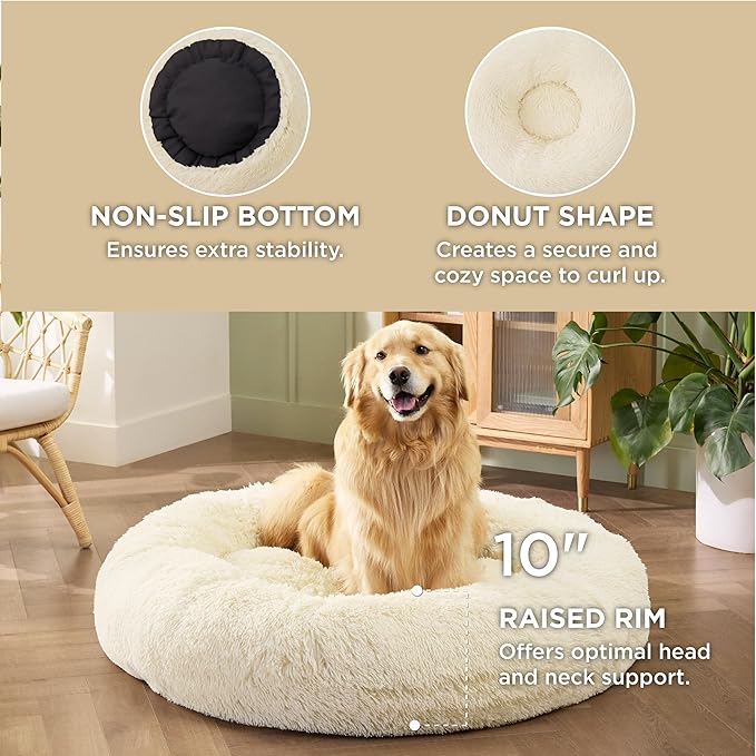 Bedsure Calming Dog Bed for Extra Large Dogs - Donut Washable Large Pet Bed, Anti-Slip Round Fluffy Plush Faux Fur Dog Bed, Fits up to 120 lbs Pets, Cream, 45 inches