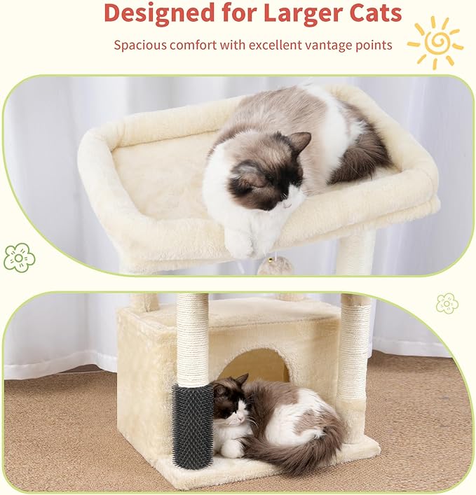 Hey-brother Cat Tree Tower, Scratching Posts with Extra Large Platform, Specious Condo, 2 Cozy Hammocks, Self-Grooming Brush for Indoor Adult Cats, Maine Coon 51.1 inches, Beige MPJ070M