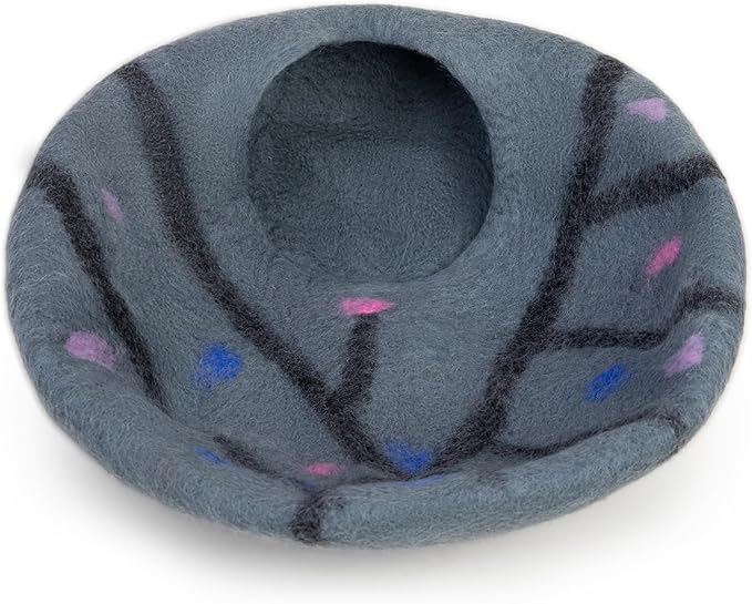 Woolygon Premium Felt Cat Cave Bed – Wool Kitty Beds Handcrafted Kitten Caves Bed for Indoor Cats - Made from 100% Eco-Friendly Merino Wool, Foldable Cat Hidewawy Covered Cat Houses (Enchanted Tree)