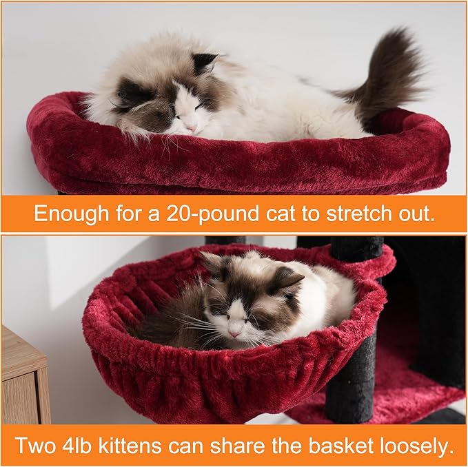 Heybly Cat Tree, 68 inch Multi-Level Cat Tower for Indoor Cats, 2 Widened Plush Perches Cat Condo with Scratching Board and Big Caves, Black and Red HCT025BR