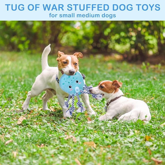 SCENEREAL Tug of War Stuffed Dog Toys for Small Medium Large Dogs,Squeaky Interactive Dog Chew Toys, Durable Dog Toy Keep Them Busy Chew Guard Technology with Rope for Training Indoor(Octopus, Blue)