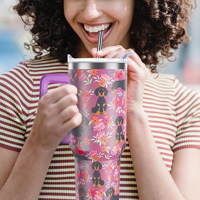 Dachshund Gifts for Women Dog Lovers 40 oz Floral Weiner Dog Tumblers with Handle and Straw, Stainless Steel Vacuum Insulated Travel Coffee Mug Cup Water Bottle