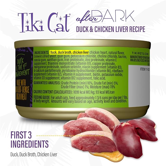 Tiki Cat After Dark Pate, Duck & Chicken Liver, High-Protein Ingredients, Wet Cat Food for Adult Cats, 3 oz. Can (12 Count)