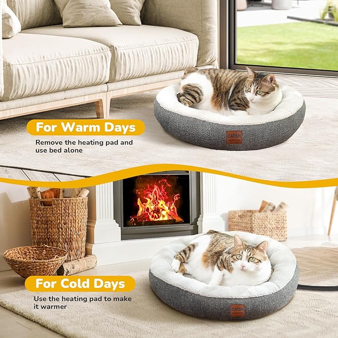 CATISM Cat Bed Heated Cat Bed - Self Warming Cat Beds, Heating Cat Beds for Indoor Cats and Small Dogs, Cozy Donut Heated Cat Bed with Timer & Temp Adjustable, Heating Cat Pad with Non-Slip Bottom