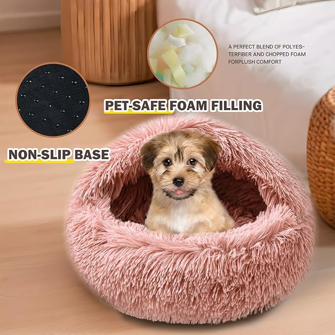 Cat Bed Calming Cat Beds,Indoor Washable Cat Bed,Anti-Slip Faux Fur Fluffy Cuddler Anxiety Cat Bed,Warming Cuddler Cushion Bed for Small Medium Dogs and Cats (Leather Pink, 20 * 20inch)