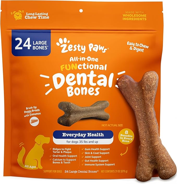 Zesty Paws Dental Bones - Fights Tartar & Plaque - Gum, Teeth & Bone Health - Cinnamon for Dog Breath - Immune, Joint, Gut, Skin & Coat Support - Omega 3 EPA & DHA and Calcium - Large Dogs - 24 ct