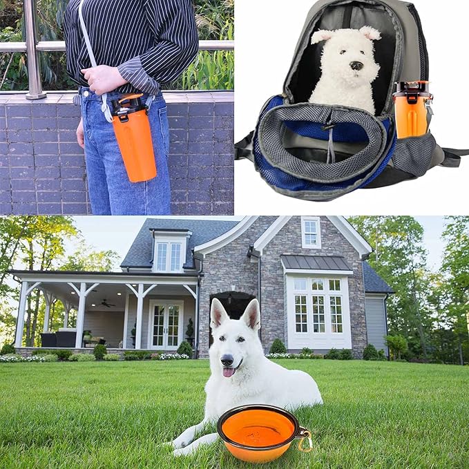 Dog Travel Water Bottle Collapsible Bowls, 2 in 1 Pet Food Container with Collapse Bowls, Outdoor Portable Water Bowls for Walking, Traveling, Camping and Hiking (Orange)