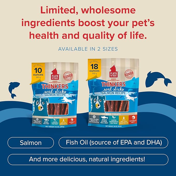 Plato Pet Treats Air Dried Dog Treats Salmon Thinkers Sticks, Natural Dog Treats, Real Meat, Air Dried, Made in the USA, 10oz
