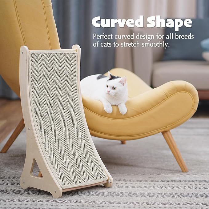 PETKARAY Curved Cat Scratcher, Sisal Kitty Scratching Ramp, L Shape Scratch Pad for Indoor Cats, 25.6" Furniture Protector with Mouse Toy, Chevron Style