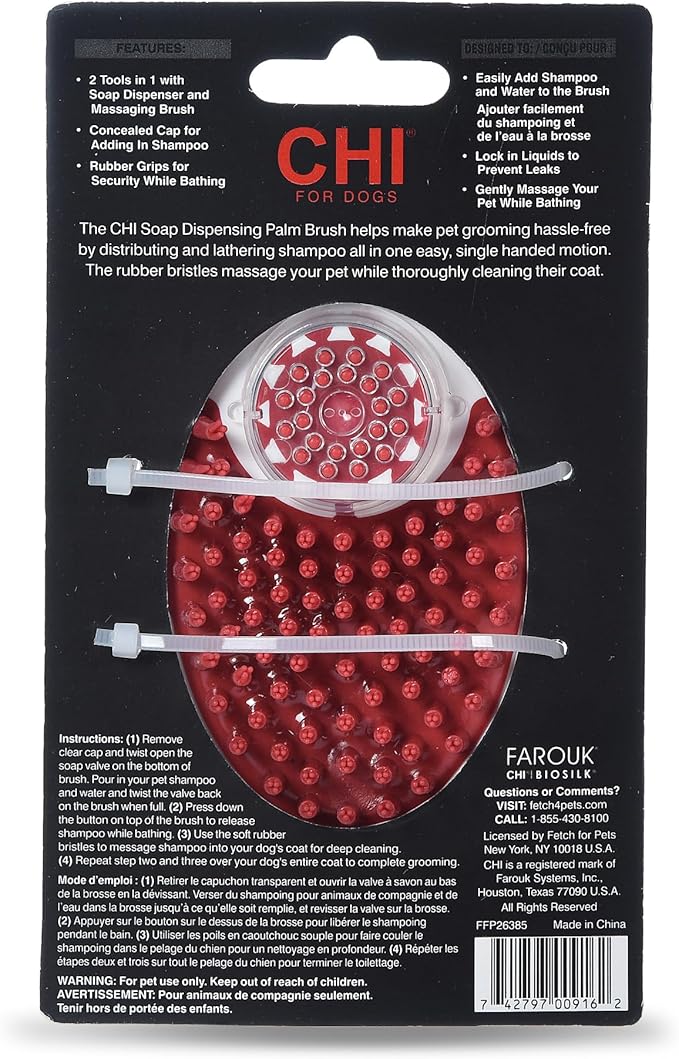 CHI for Dogs Soap Dispensing Palm Brush - Handheld Dog Grooming Tool with Built-in Soap Dispenser - Easy-to-Use Dog Brush for Bathing and Massaging Coats - Gentle on Skin