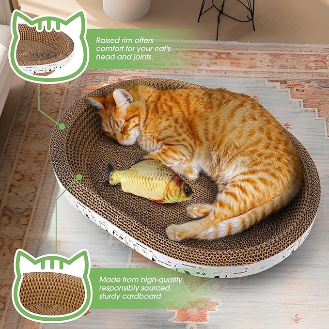 4PCS 2 Corrugated Cat Scratcher Lounge Bowl,1 Scratching Pad Cardboard with House,1 Brush, Oval Cat Bed for 2 Cats, Scratch Board for Cats, Cute Round Cat Lounger Scratcher for Furniture Protection