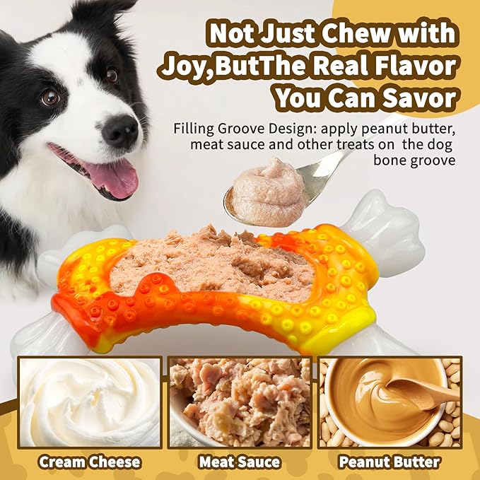Dog Toys for Aggressive Chewers, Indestructible Dog Chew Toy for Large Dogs, Tough Dog Toys to Keep Them Busy for Small Medium Large Breed, Dog Chew Bone Toy, Bacon Flavor (Orange Bone)