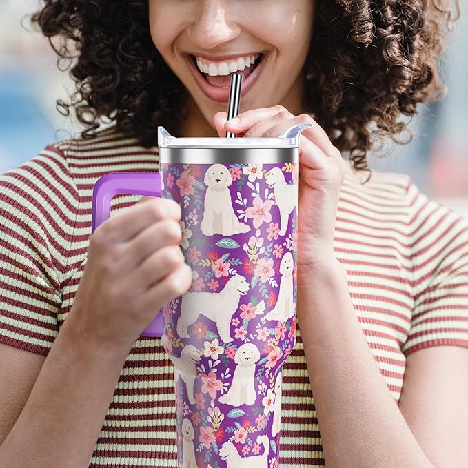 Goldendoodle Gifts for Women Dog Lovers 40 oz Floral Golden Doodle Tumblers with Handle and Straw, Stainless Steel Vacuum Insulated Travel Coffee Mug Cup Water Bottle