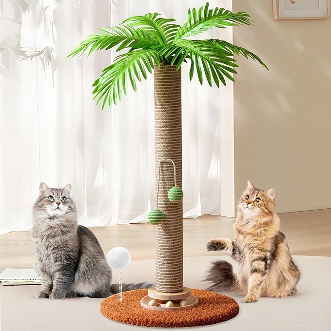 Cat Scratching Post for Space-Saving, 32'' Tall Cat Tree Post with Wooden Turntable Toy, Sisal Rope Cat Scratcher Post with 2 Interactive Ball for Indoor Cats and Kitten Climbing,Play & Rest