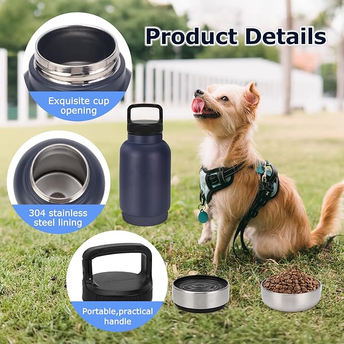 Dog Water Bottle, 3 in 1 Portable Insulated Pet Travel Water Bottle with 2 Detachable Water Bowl, Stainless Steel Travel Water Bottles for Dogs, 6-12H Insulation Dogs Travels Food and Water Container