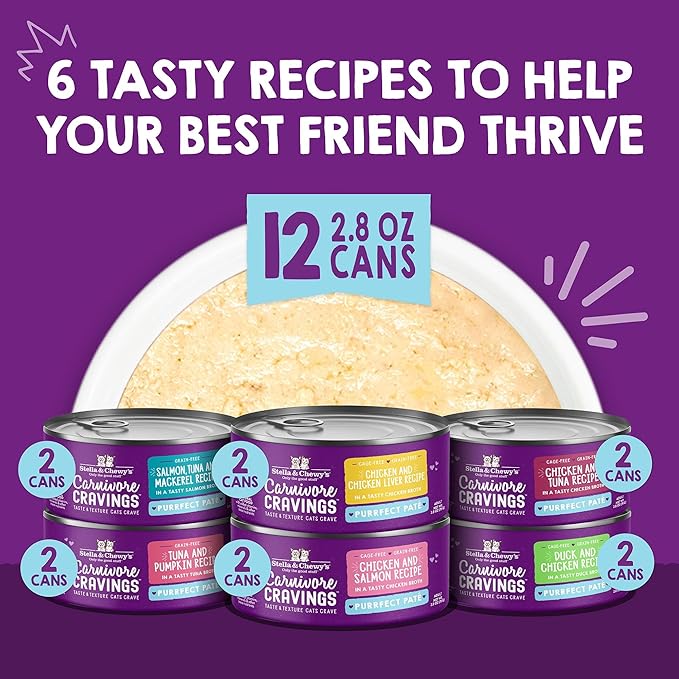 Stella & Chewy's Carnivore Cravings Purrfect Paté - Premium Grain-Free Wet Cat Food - 6 Flavor Variety Pack - High Protein with Bone Broth - Perfect for Picky Eaters - 2.8oz Cans (24 Pack)