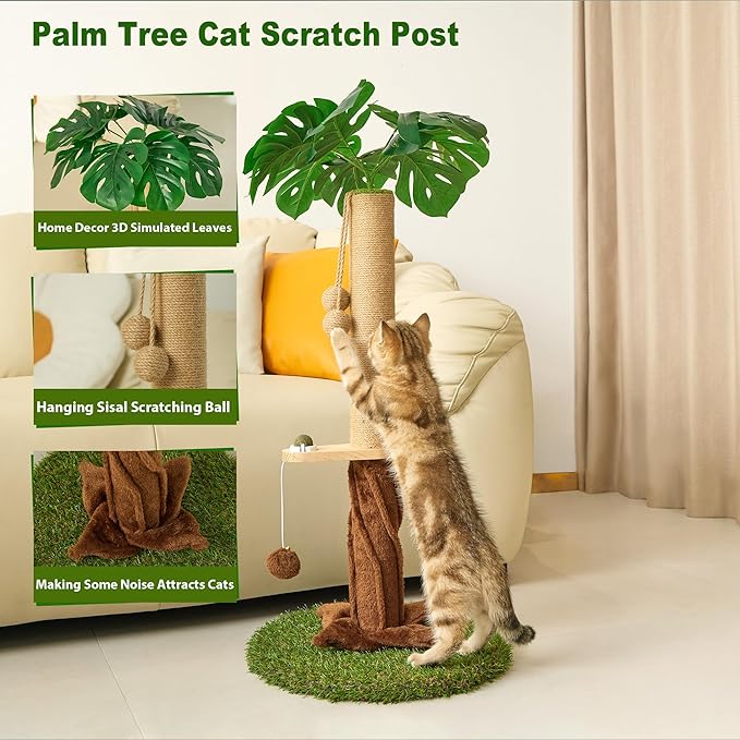 Cat Scratching Posts with Sisal Rope, Dangling Balls and Natural Healthy Catnip Balls, 33.86" Tall Cat Scratcher with Extra Cat Energy Ball for Indoor Cats Adults and Kitten