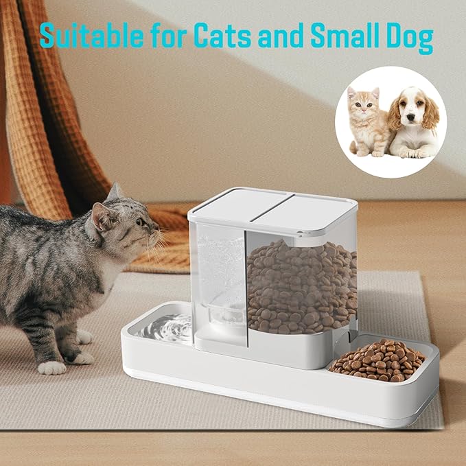 Automatic Small Pet Feeder and Water Dispenser, 2 in 1 Gravity Cat Auto Cat Small Medium Dog Feeder and Waterer Set Dish for Puppy Kitten Pets (White)