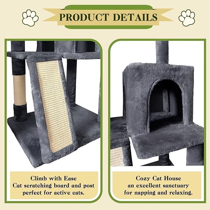53" Cat Tree Tower for Indoor Cats, Multi-Level Cat Tower Condo with Sisal Scratching Post