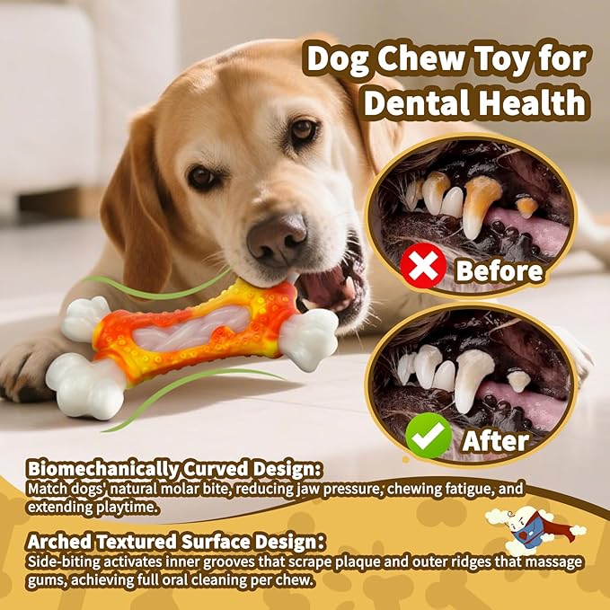 Dog Toys for Aggressive Chewers, Indestructible Dog Chew Toy for Large Dogs, Tough Dog Toys to Keep Them Busy for Small Medium Large Breed, Dog Chew Bone Toy, Bacon Flavor (Orange Bone)
