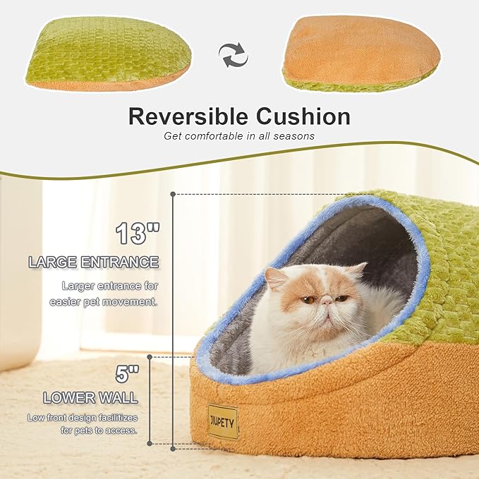 Jiupety Cat Beds for Indoor Cats, Cat Cave Bed and Kitten Bed, Hideway Cat House and Cat Tent with Anti-Slip Bottom, Washable Removable Cushion, M(16"x16"x13"), Green.