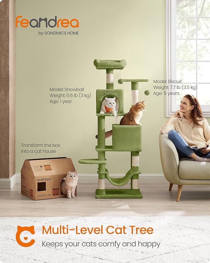 Feandrea Cat Tree, 61-Inch Cat Tower for Indoor Cats, Plush Multi-Level Cat Condo with 5 Scratching Posts, 2 Perches, 2 Caves, Hammock, 2 Pompoms, Grass Green UPCT192C02