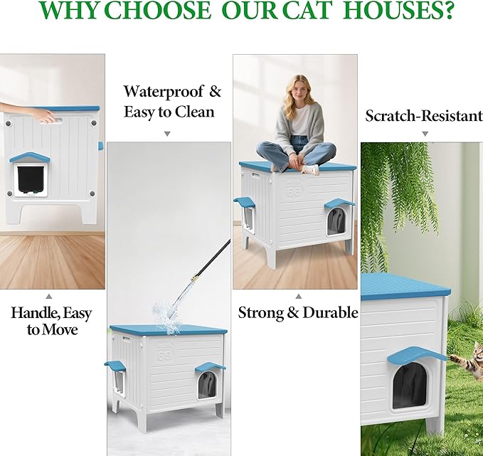 Outdoor Cat House Weatherpoof Large Plastic Cats Houses with Escape Door Indoor Waterproof Feral/Pet Cat Shelter Outside for Multiple Cats (Blue)