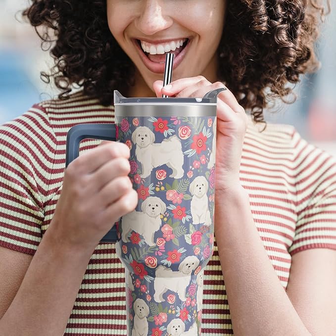 Shih Tzu Gifts for Women Dog Lovers 40 oz Floral Shih Tzu Tumblers with Handle and Straw, Stainless Steel Vacuum Insulated Travel Coffee Mug Cup Water Bottle